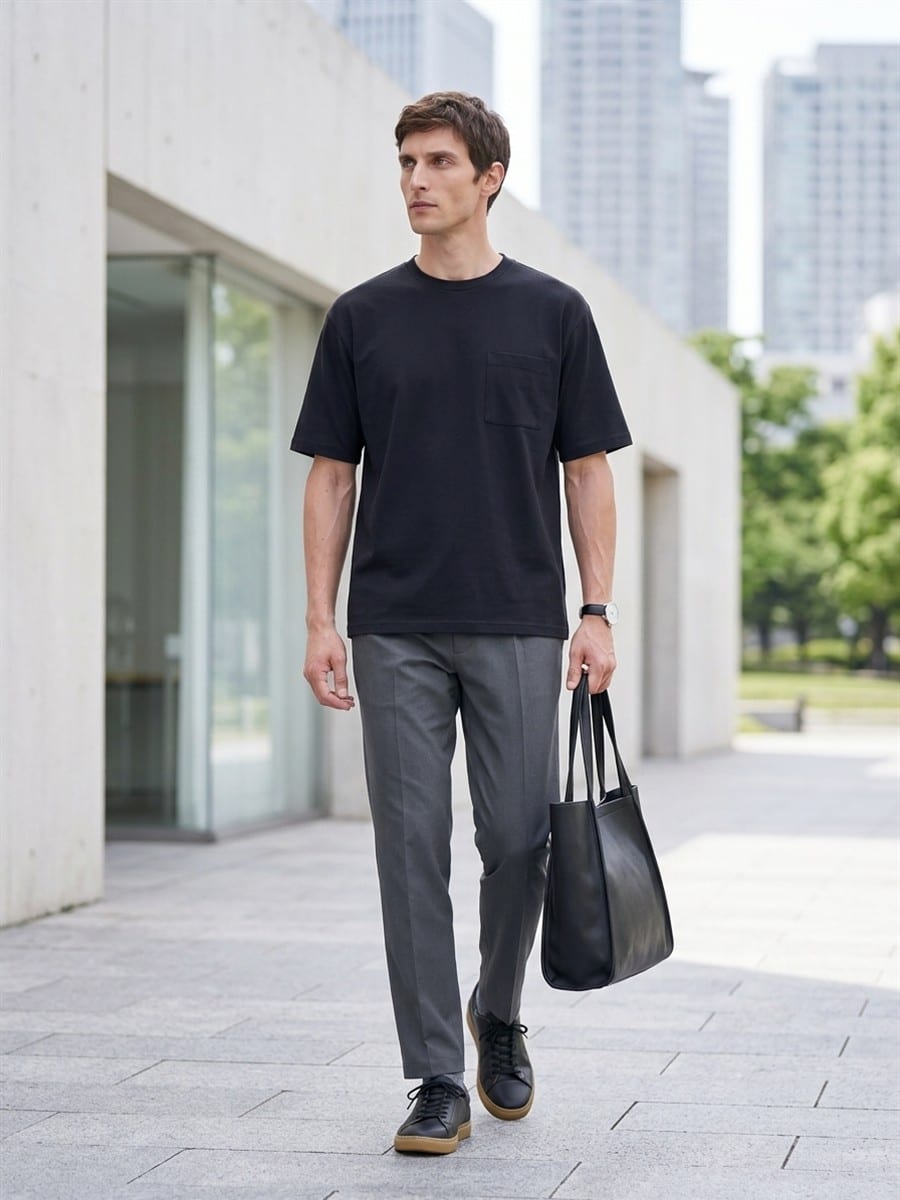 グレーのパンツと合わせる、ブラックのTシャツ