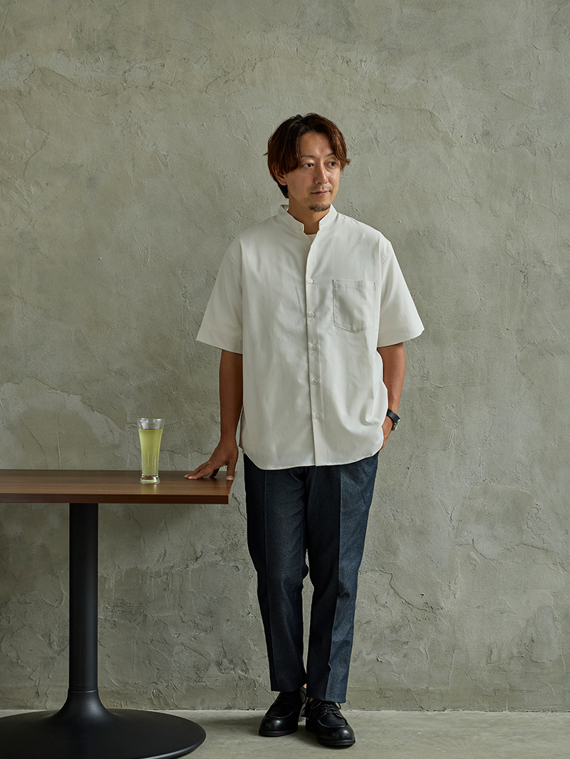 バンドカラーシャツを使ったコーディネート