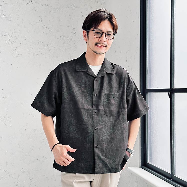 大人のシャドウ総柄 半袖オープンカラーシャツ