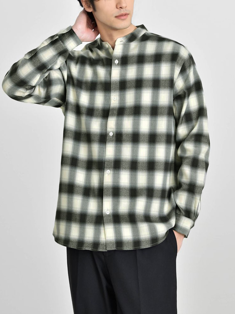 バンドカラーチェックネルシャツ