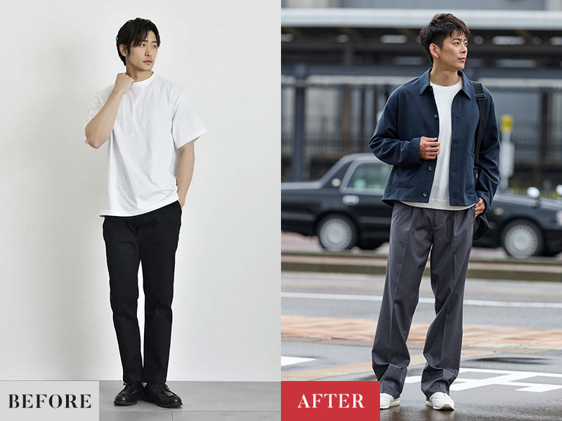 【比較】左：顔の雰囲気に合わないスタイリング／右：顔の雰囲気に合うスタイリング