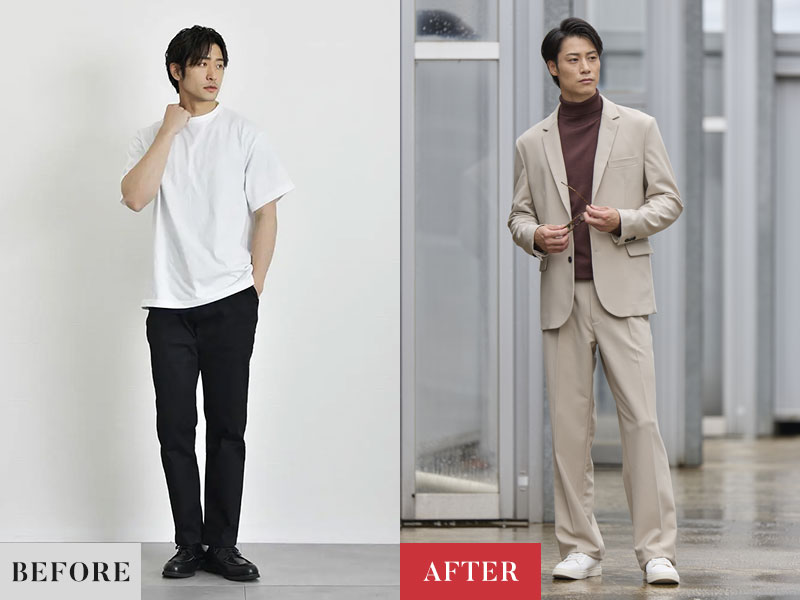 【比較】左：顔の雰囲気に合わないスタイリング／右：顔の雰囲気に合うスタイリング