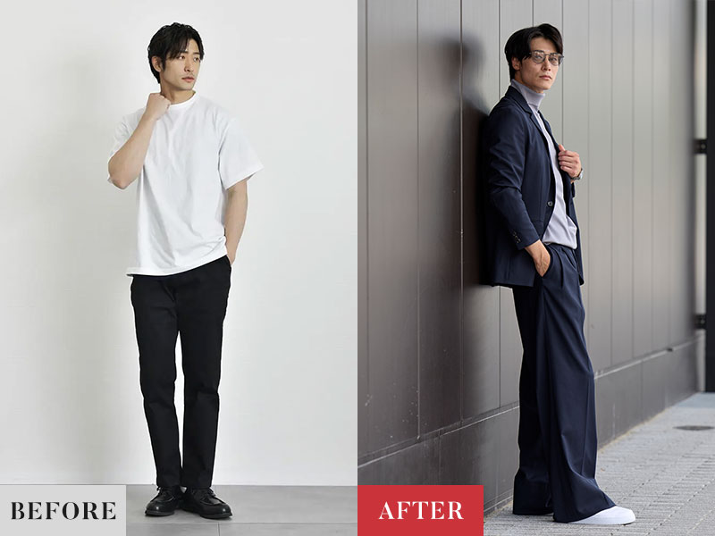 【比較】左：顔の雰囲気に合わないスタイリング／右：顔の雰囲気に合うスタイリング