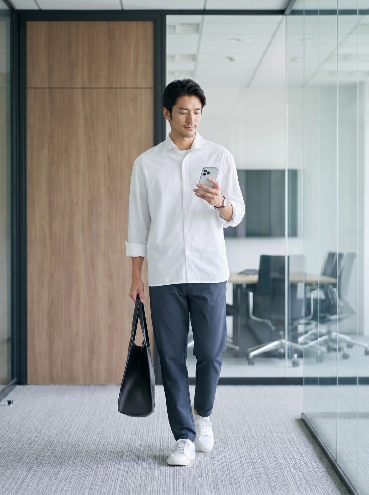 仕事の日は、白シャツで清潔に