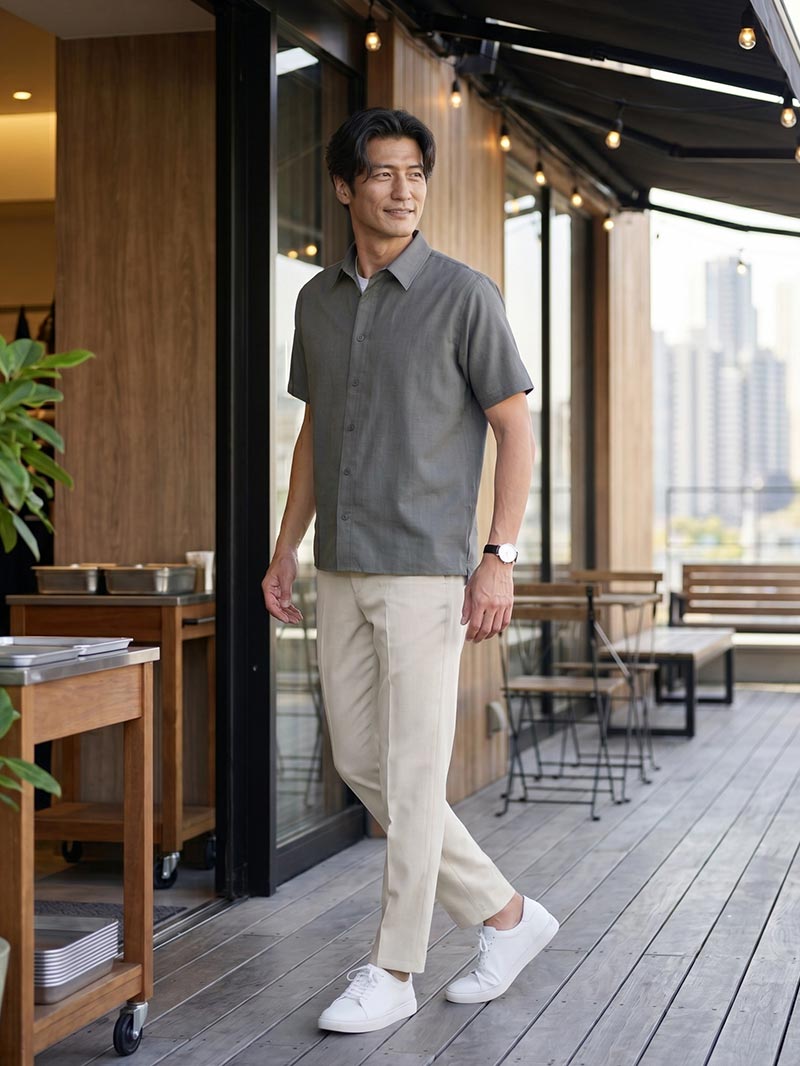 ベージュパンツで軽やかに見せる、チャコールシャツの夏コーデ