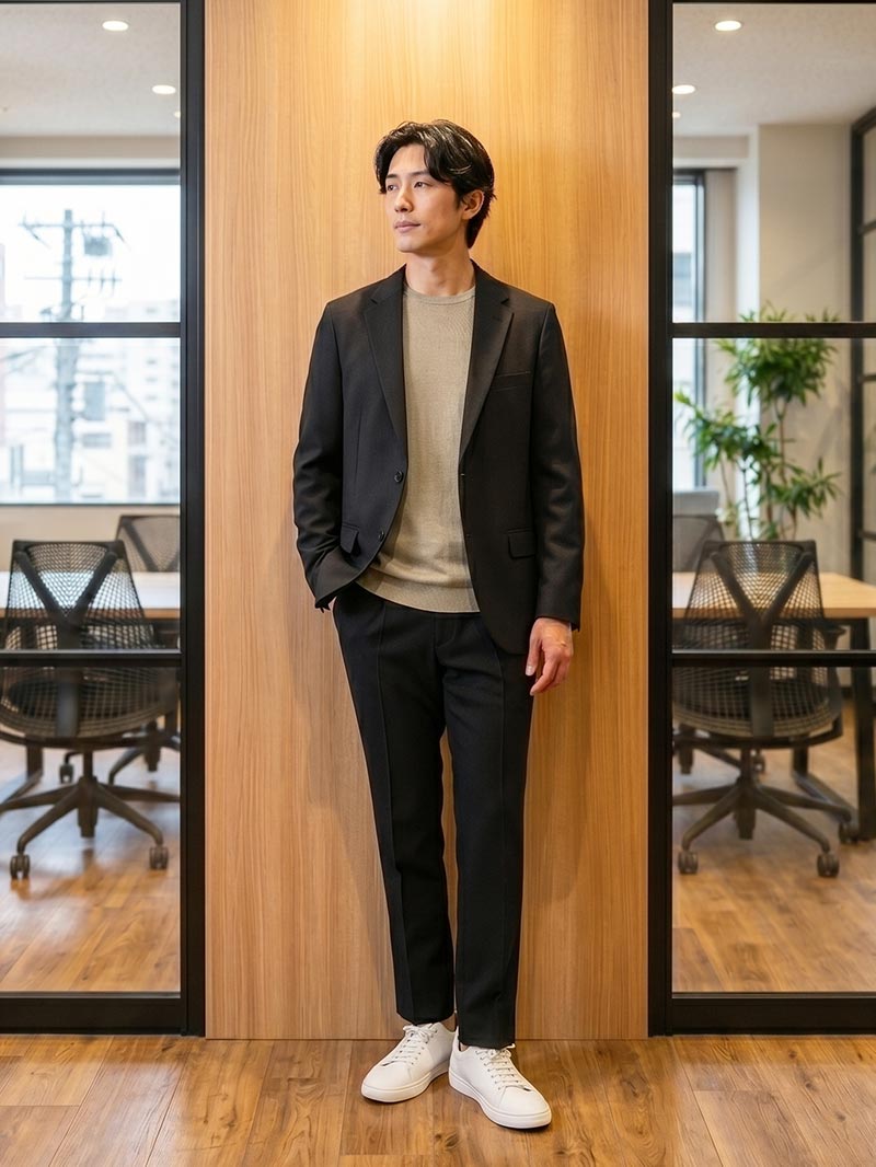 黒セットアップを、やわらかく着る