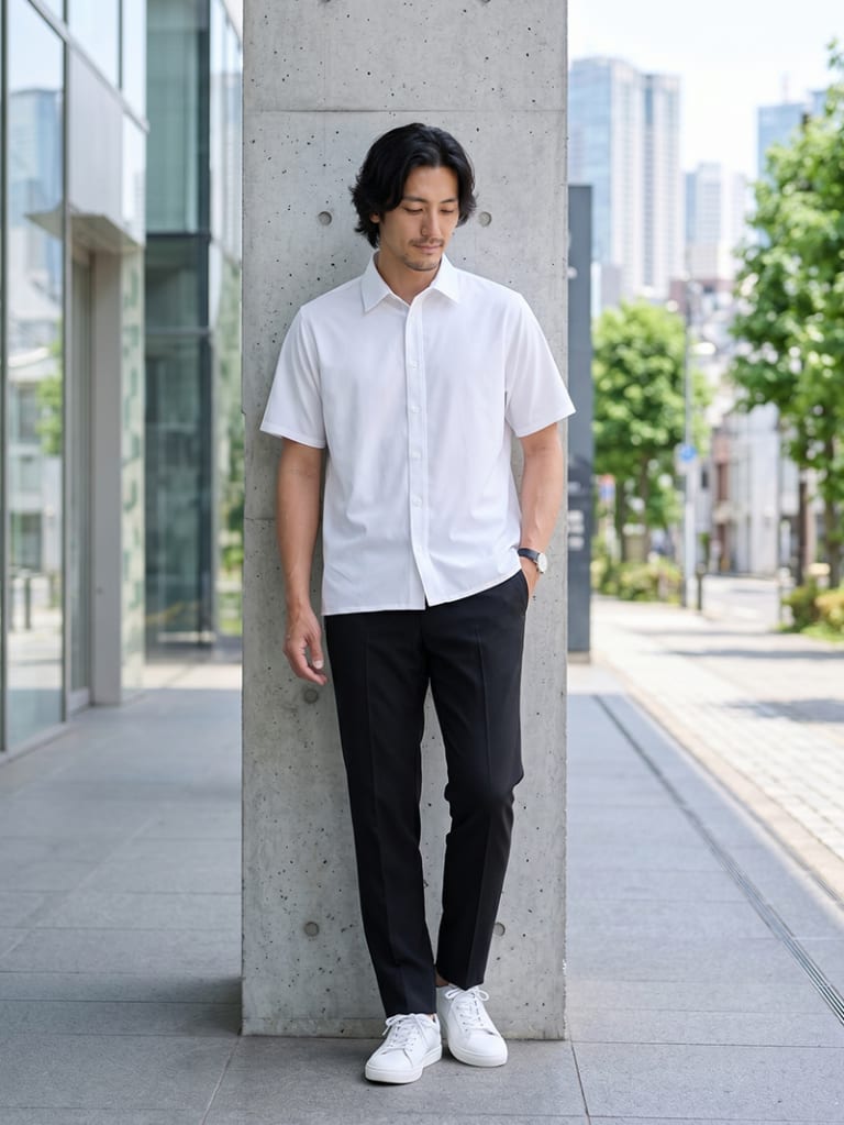 きちんと見せたい日に。白シャツと黒パンツの正攻法