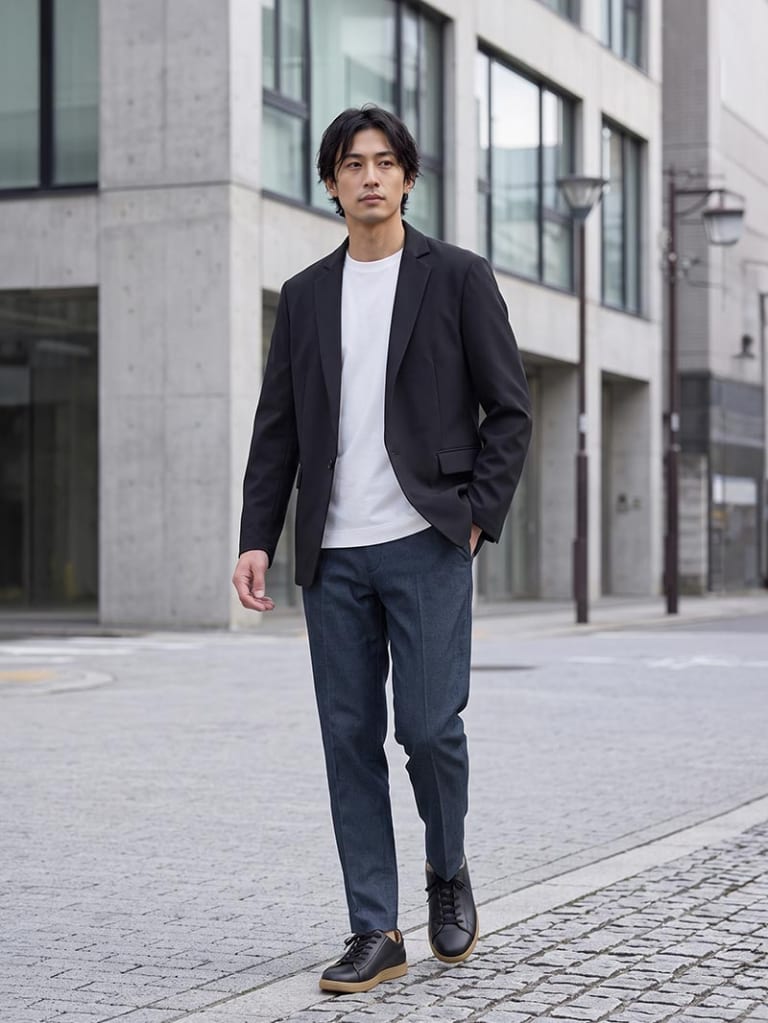 黒ジャケットで引き締める、大人のきれいめデニムコーデ
