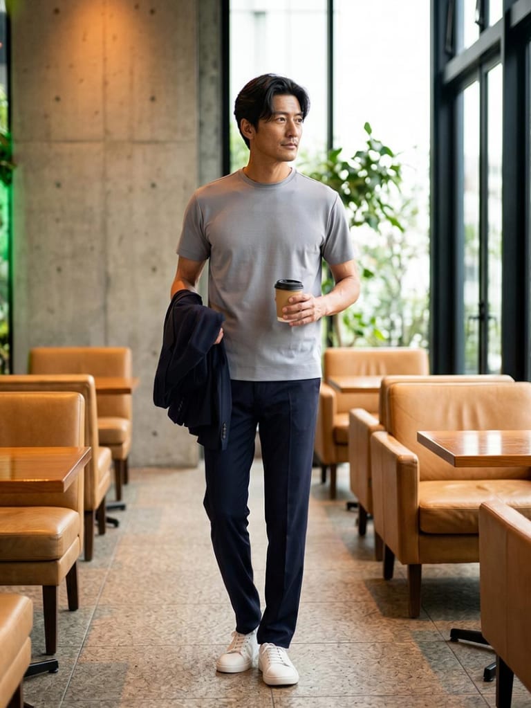 グレーTでやわらげる、ネイビーセットアップの好印象コーデ