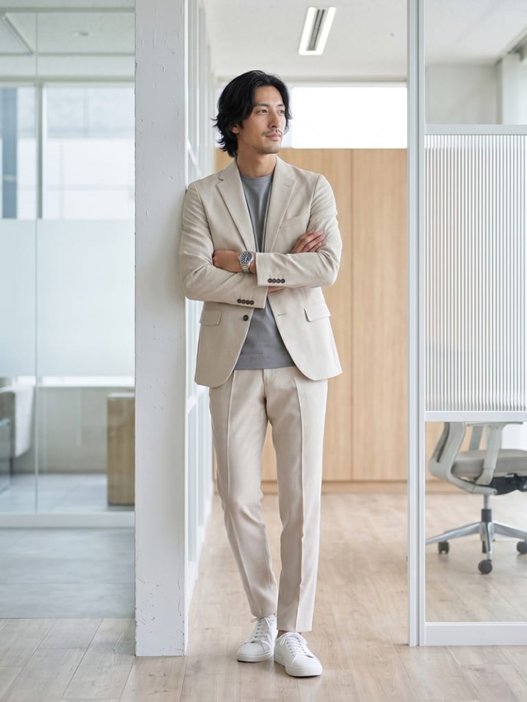 肩の力を抜きたい出社日に。ベージュセットアップとT