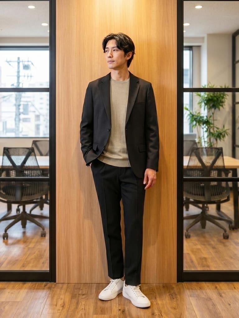 黒セットアップを、やわらかく着る