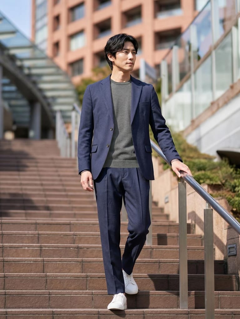 きちんと見えて重たくならない、ネイビーのセットアップコーデ