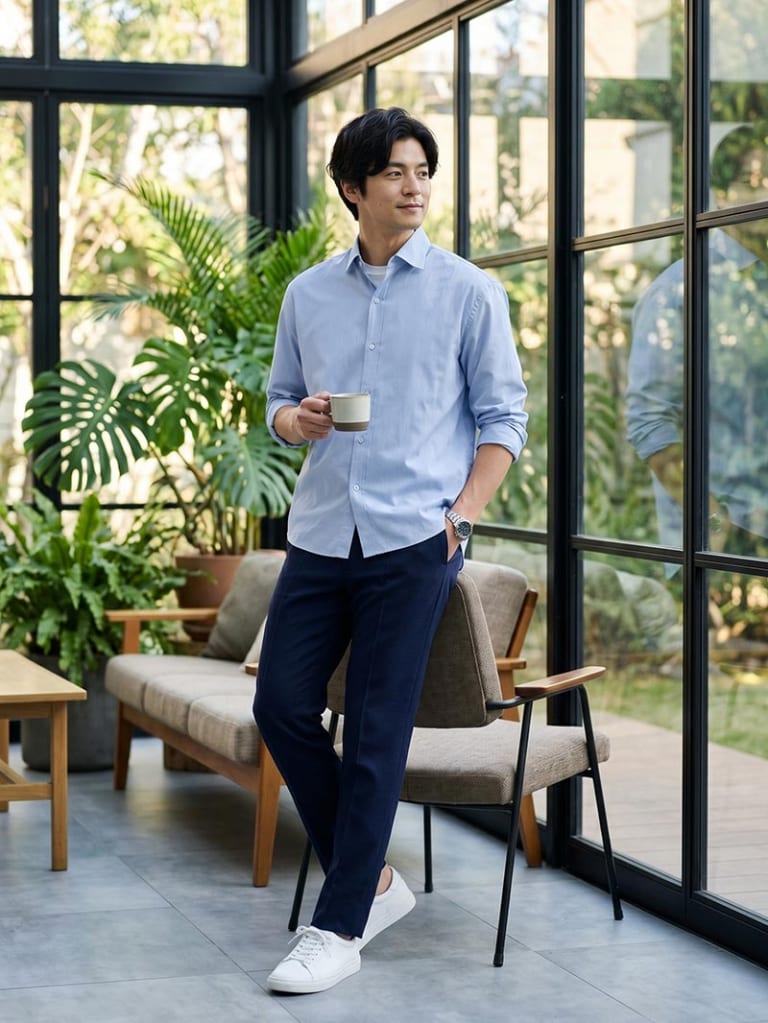 ブルーシャツで見せる、軽やかなきれいめコーデ