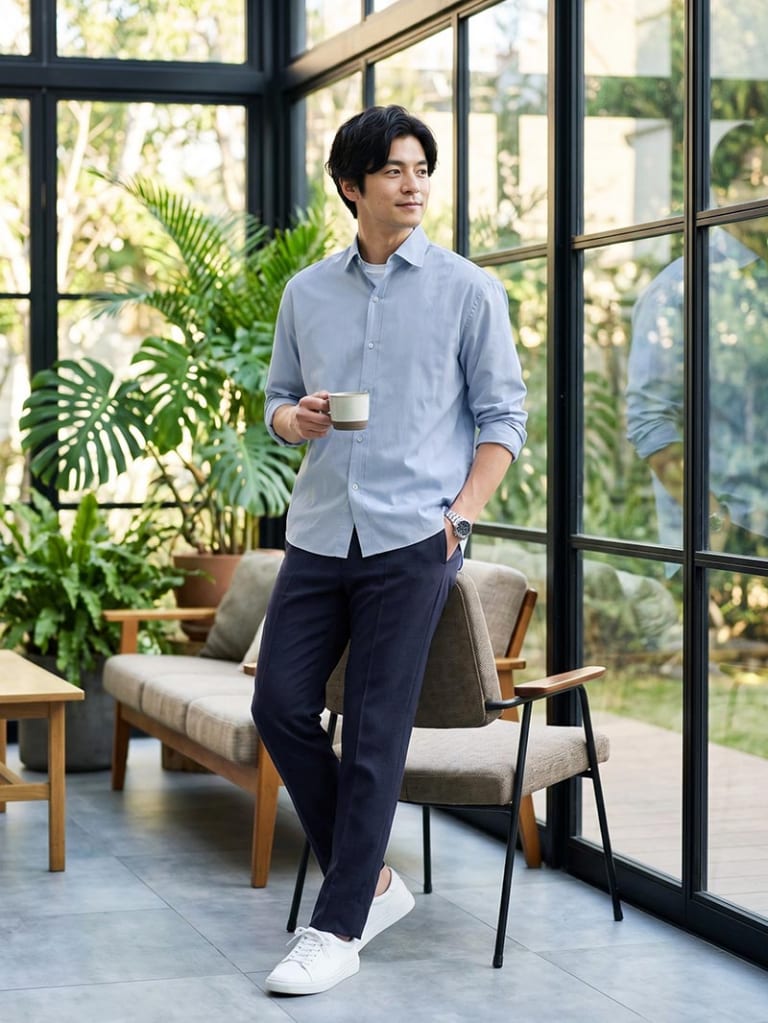 涼しげなブルーシャツで見せる、軽やかなきれいめコーデ
