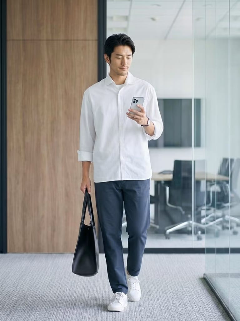 仕事の日は、白シャツで清潔に