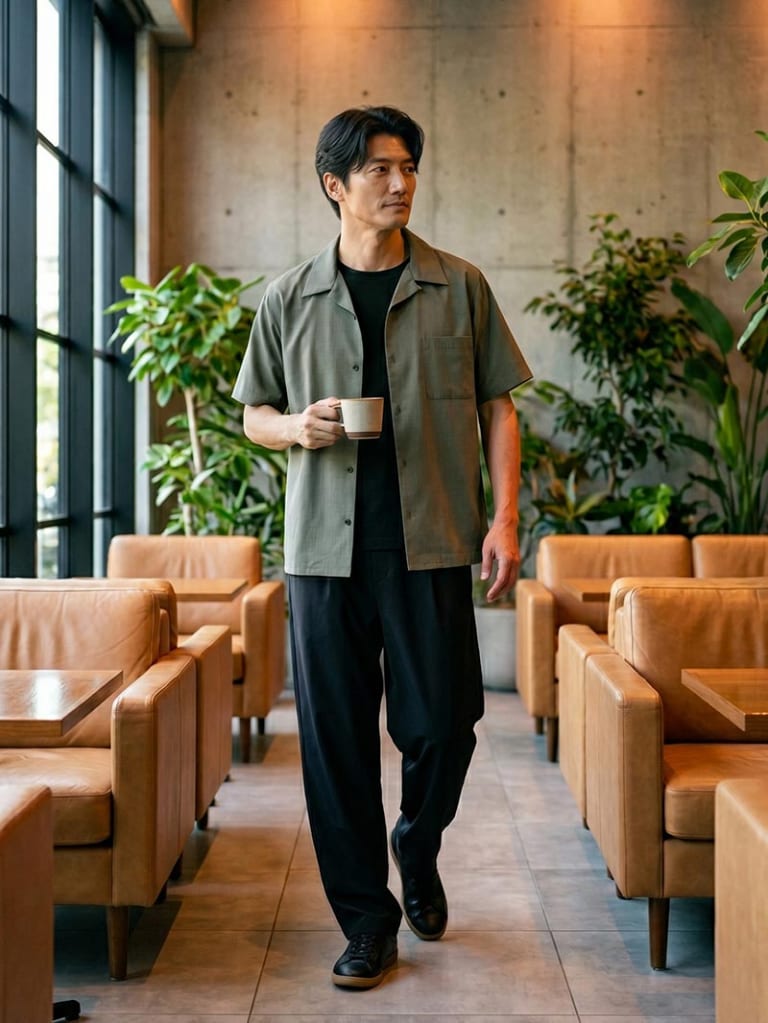 オリーブで差をつける、黒合わせのリラックスモードコーデ