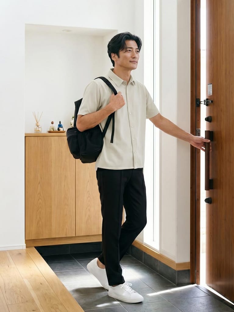 グレージュでやわらげる、黒パンツの軽快通勤コーデ