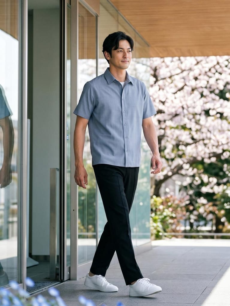 アッシュブルーで爽やかに見せる、黒パンツの軽快コーデ