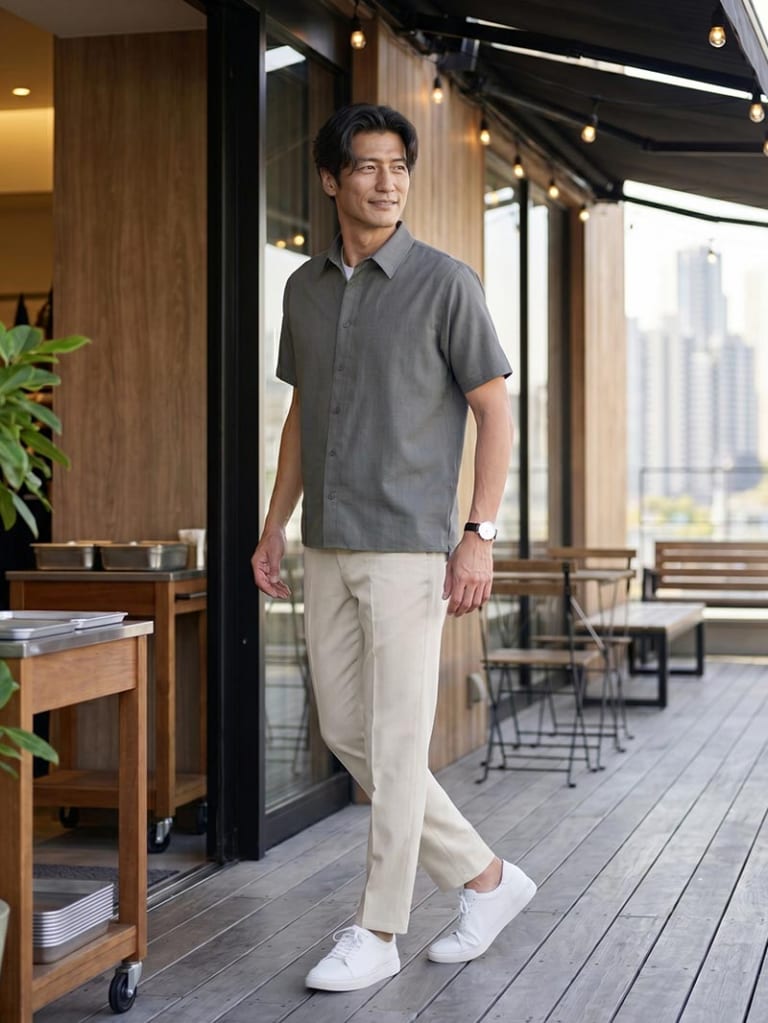 ベージュパンツで軽やかに見せる、チャコールシャツの夏コーデ