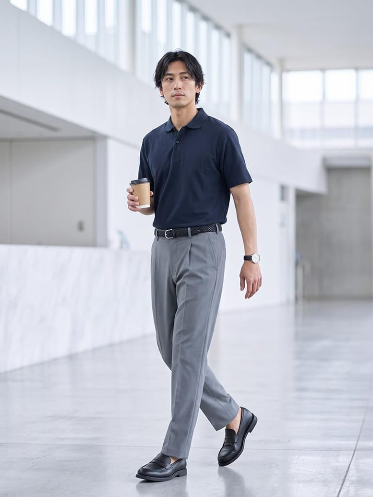 ネイビーポロで品よく整える、スマートオフィススタイル