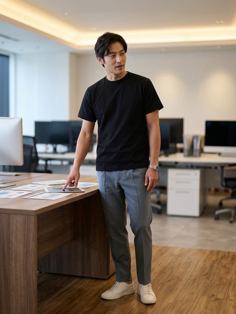 黒Tで知的にまとめる、グレーパンツのオフィスカジュアル