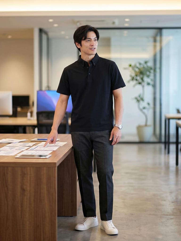 テーパードの美脚感が光る、黒ポロのスマートコーデ