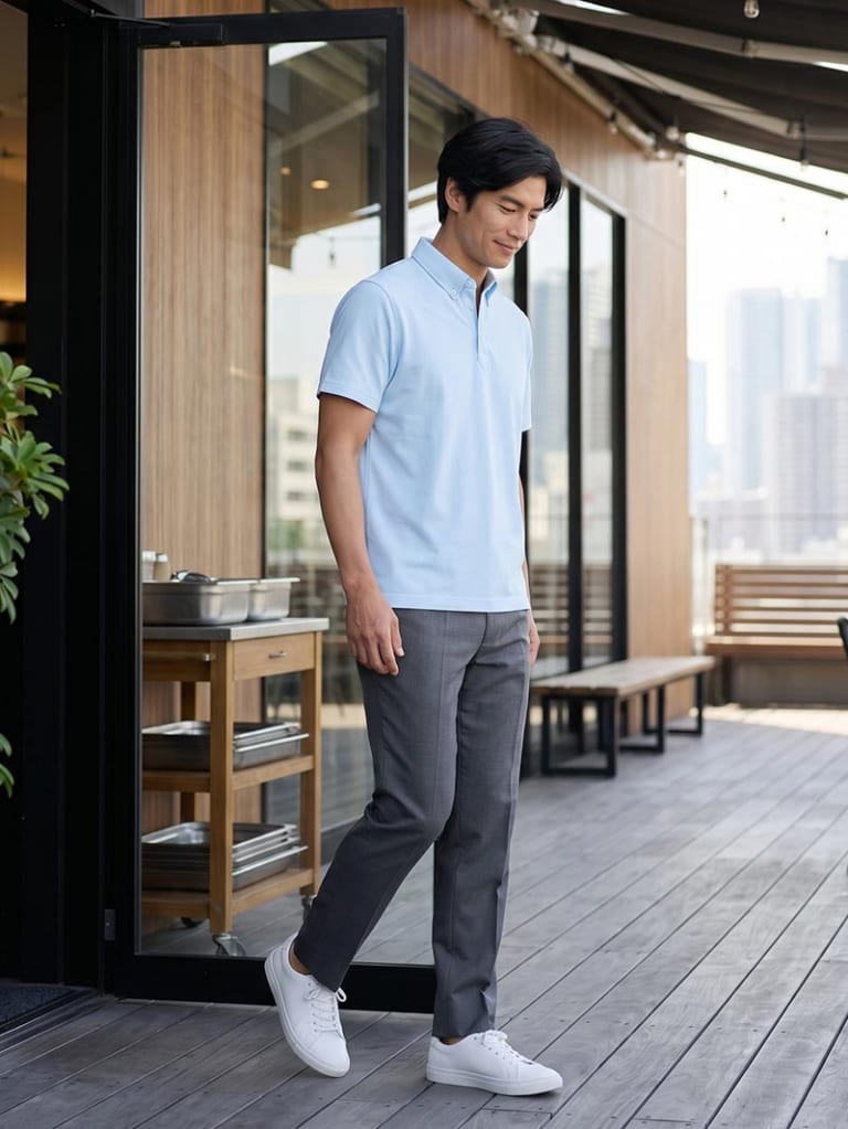 サックス×グレーで涼しげに見せる、軽快ポロコーデ