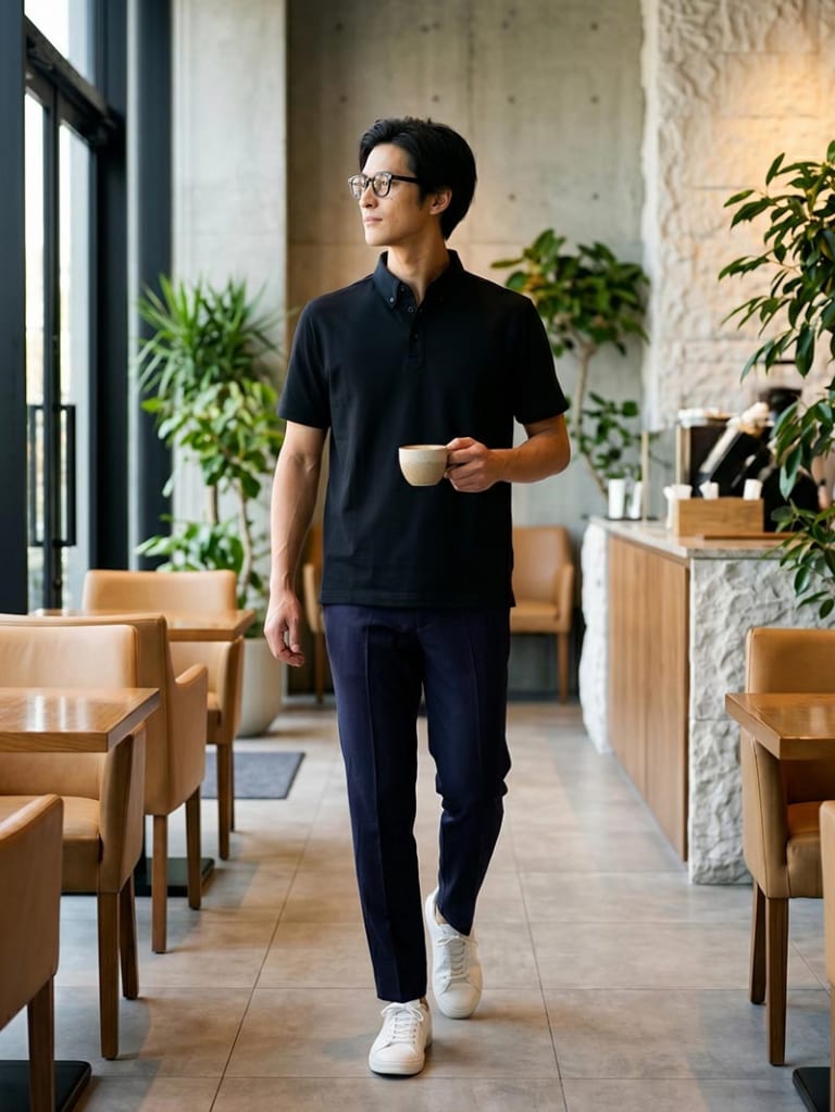 メガネで知的に引き締める、黒ポロのスマートコーデ