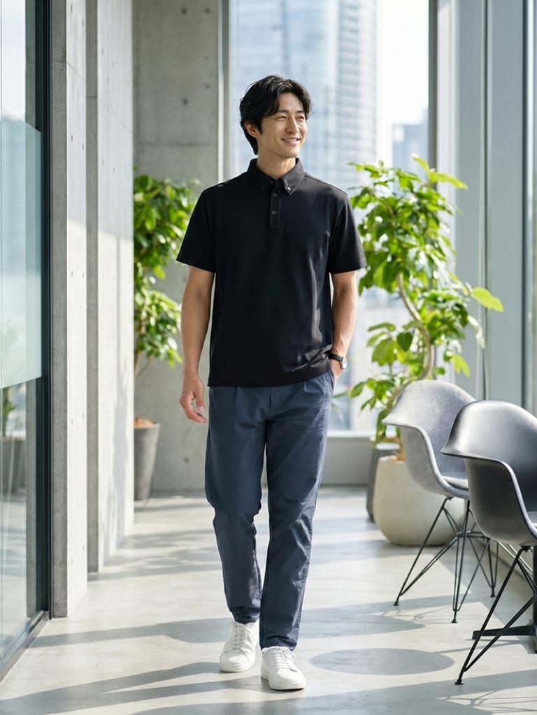 黒ポロでも、軽く見える休日コーデ