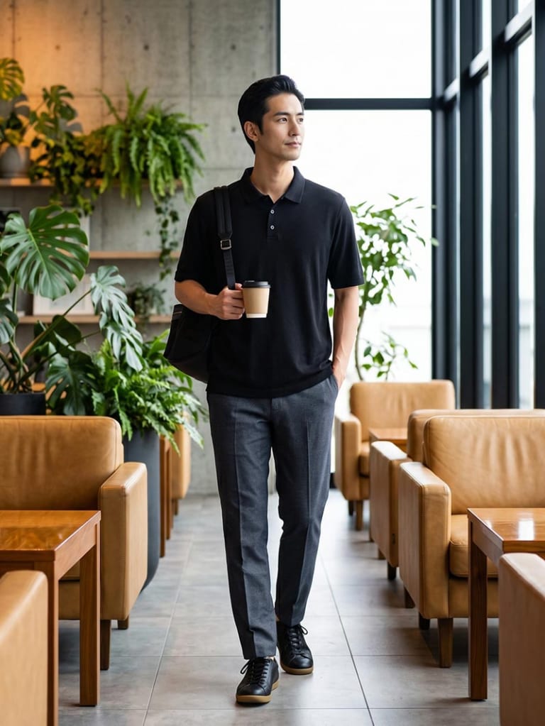 ポロ×デニムを品よく見せる、黒っぽくまとめた通勤コーデ