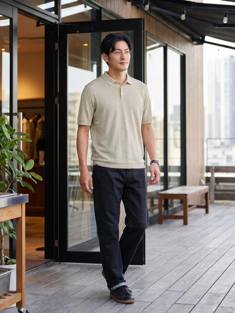 ベージュポロでやわらげる、デニムの大人カジュアルコーデ