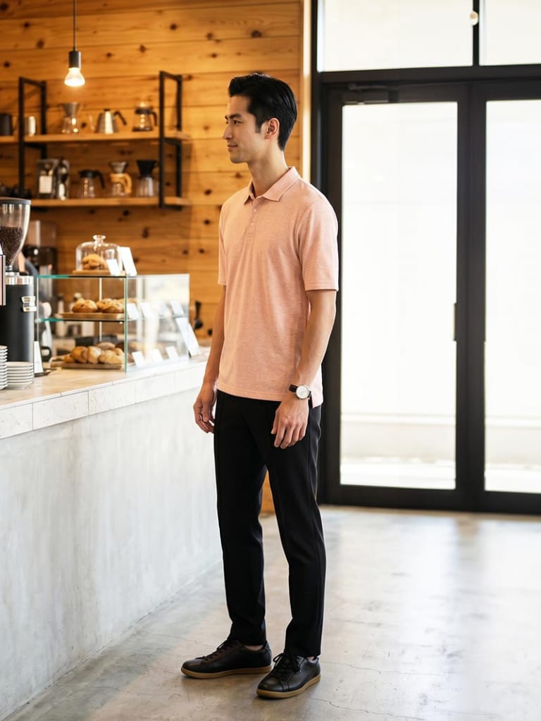 ピンクポロを大人っぽく着る、黒合わせの軽快コーデ
