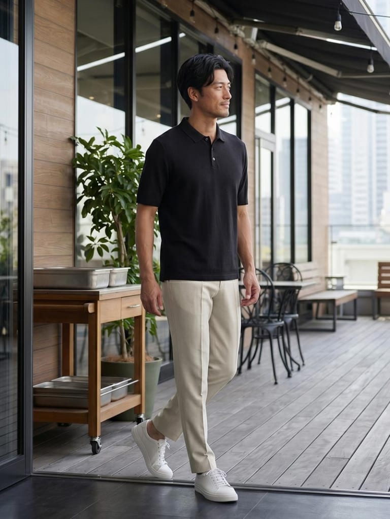 サマーニットポロで大人っぽく整う、夏のモノトーン配色コーデ