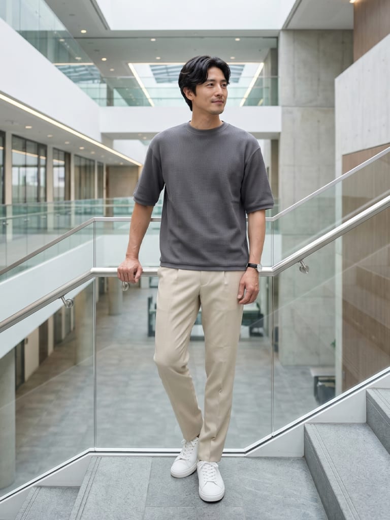 ベージュパンツで、休日コーデを品よく