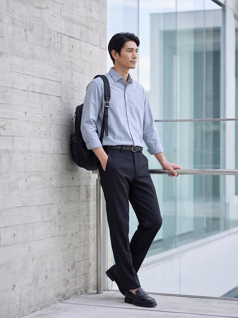 明るいブルー×締め色ブラックで、涼しく見える大人の通勤着。