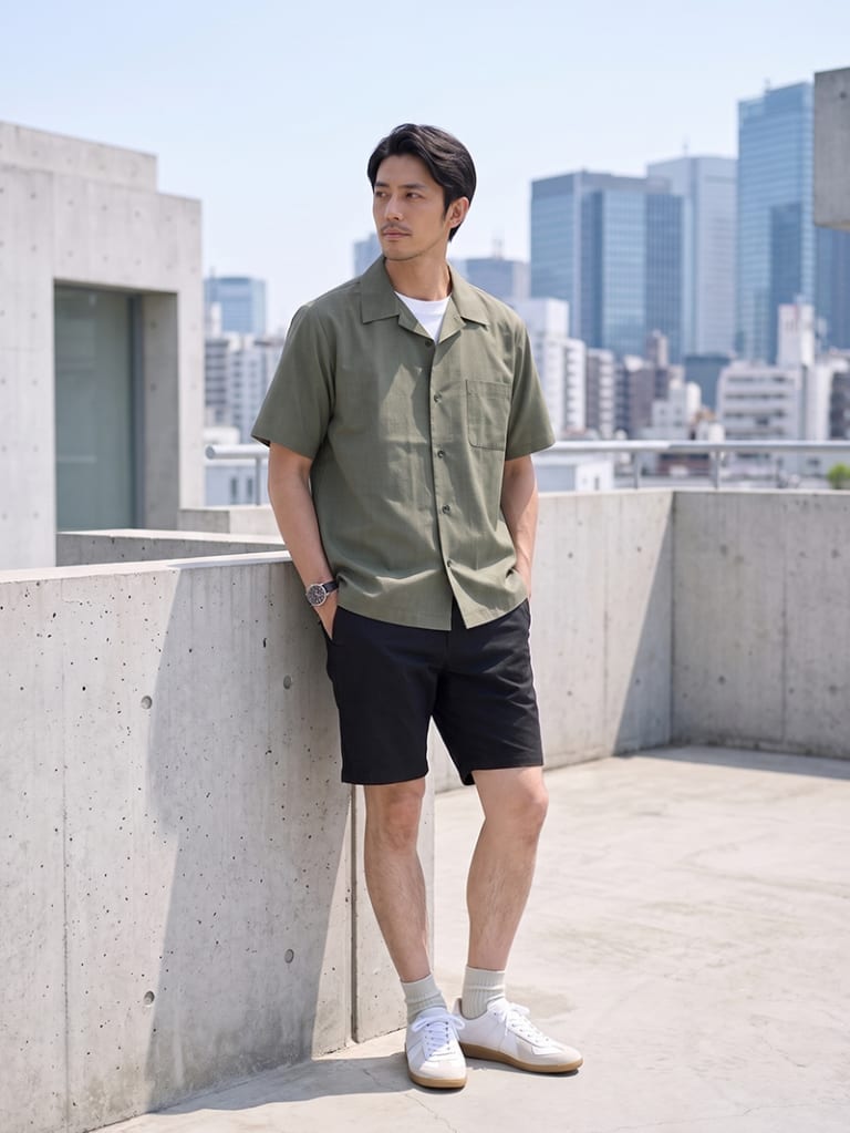 休日の外出に。オリーブシャツと黒ショーツで大人っぽく