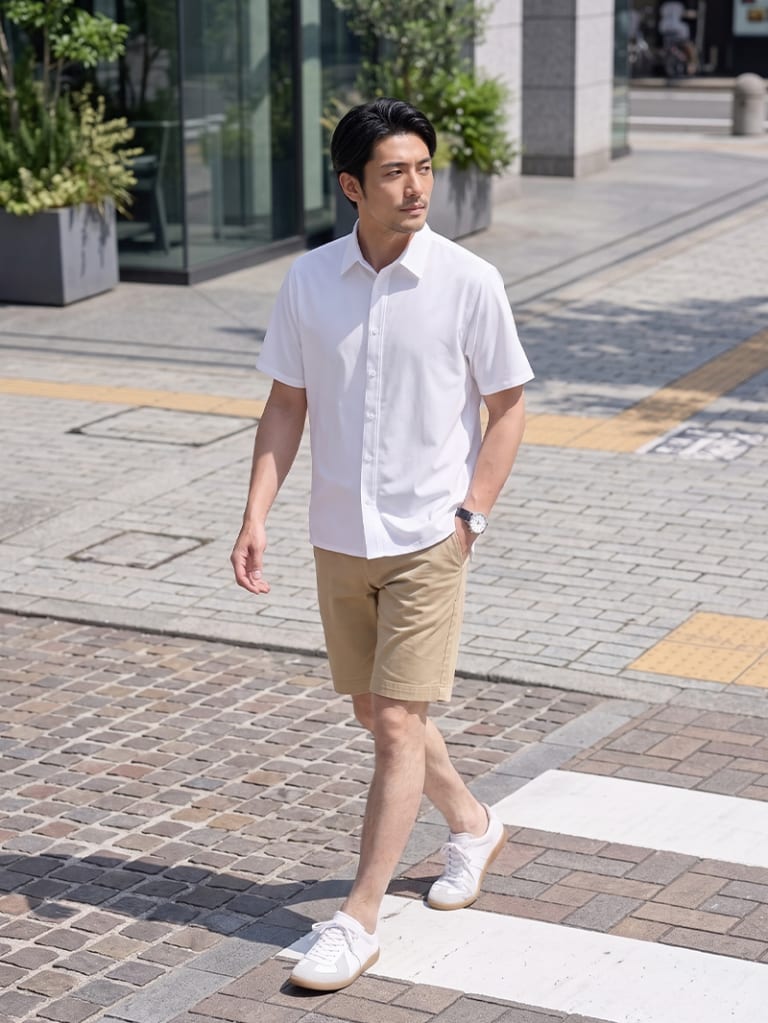 白シャツで清潔感を出す、ベージュショーツの夏コーデ