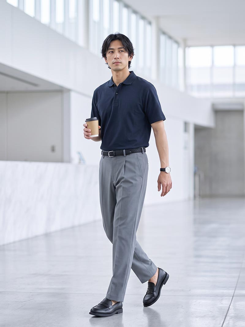 ネイビーポロで品よく整える、スマートオフィススタイル