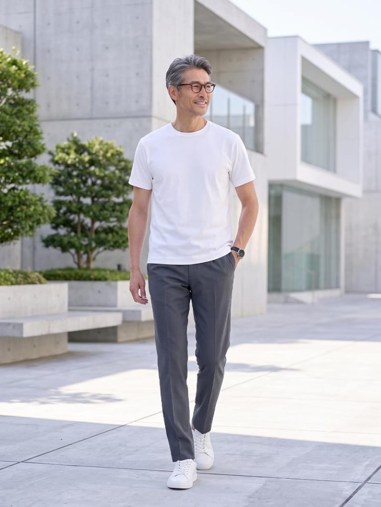 ホワイトTシャツ×グレーパンツで涼しく決まる残暑の一日。