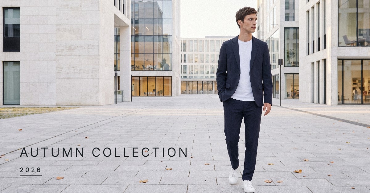 AUTUMN COLLECTION 2026。ネイビーのCODEジャケットとCODEイージーパンツに、白のCODEロングスリーブTシャツを合わせて歩く男性