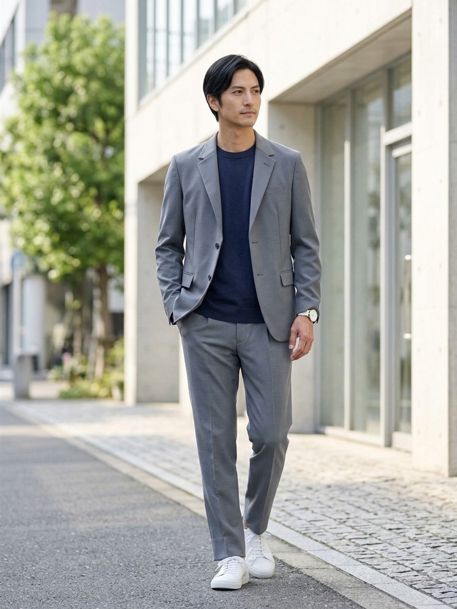 グレーのジャケット×ネイビーニットで整えるビジネスの色合わせ。