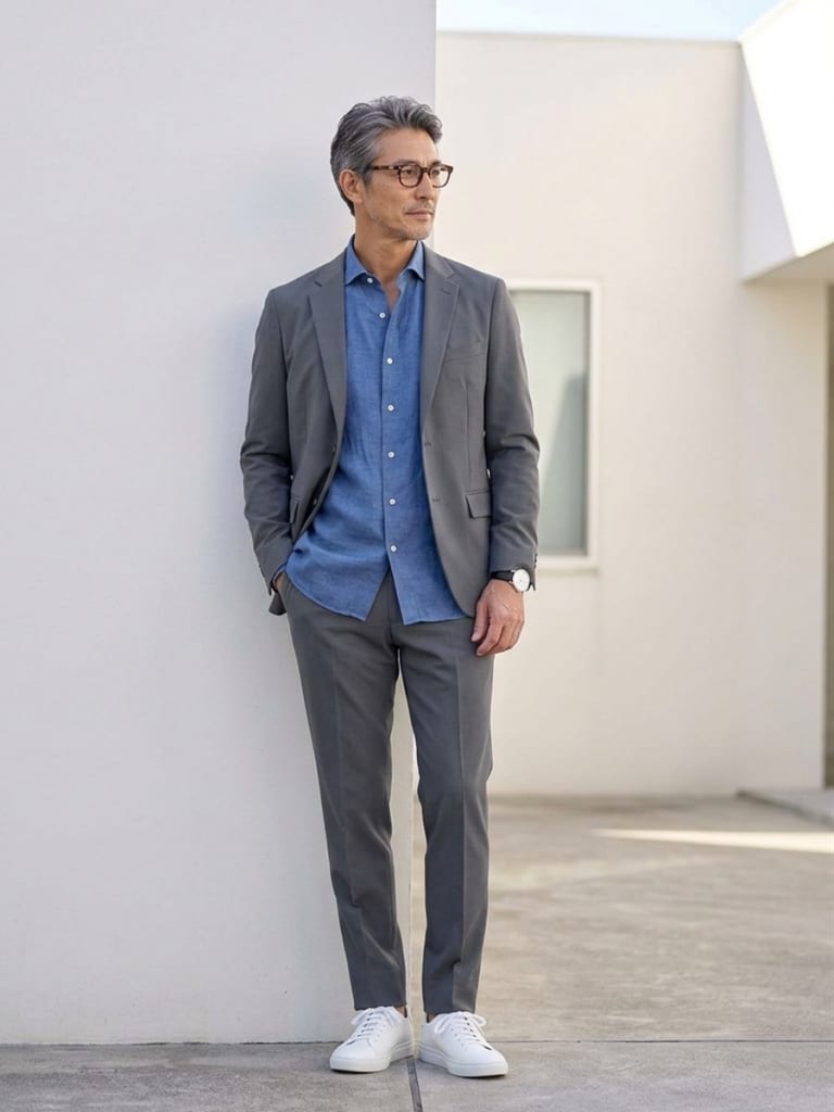 グレーのジャケット×ブルーシャツで爽やかさ漂うビジネスの色合わせ。