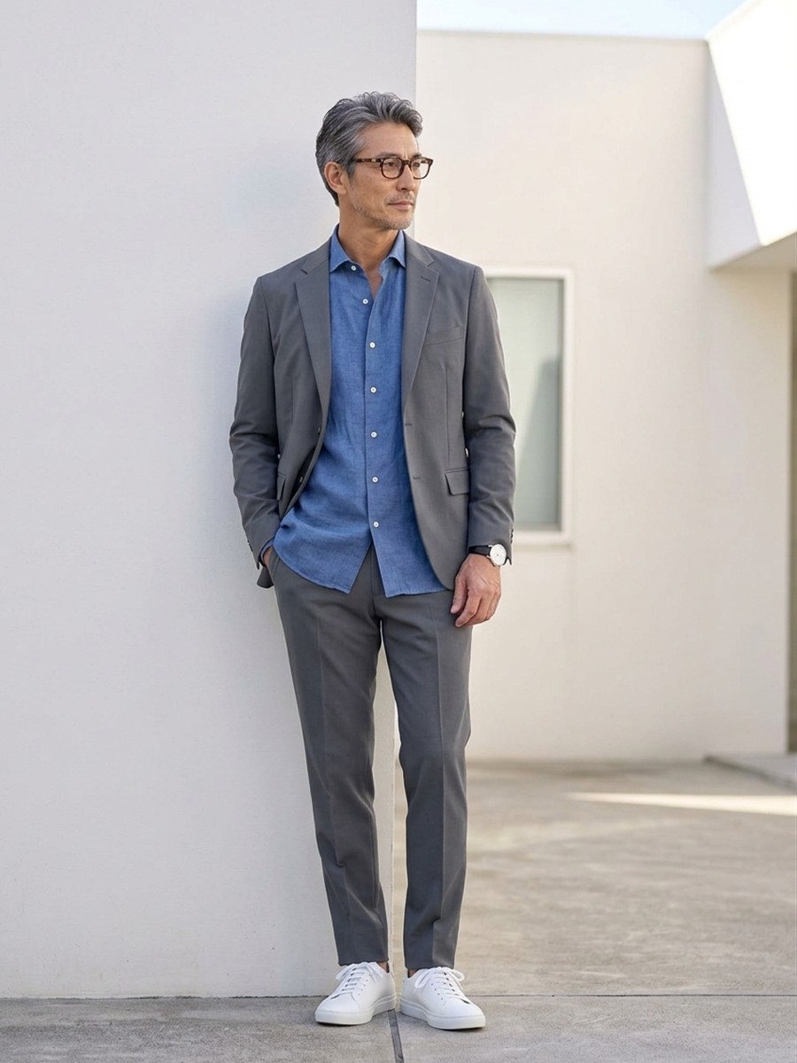 グレーのジャケット×ブルーシャツで爽やかさ漂うビジネスの色合わせ。