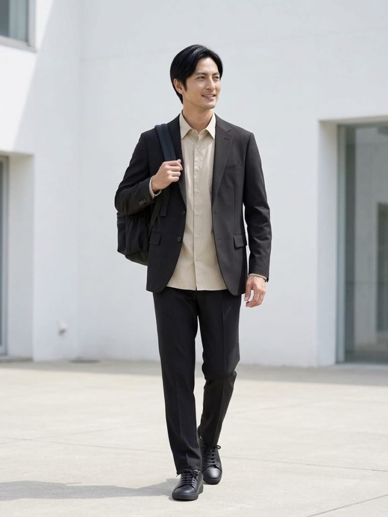 ベージュシャツ×ブラックジャケットで清潔感のある大人のカジュアル。