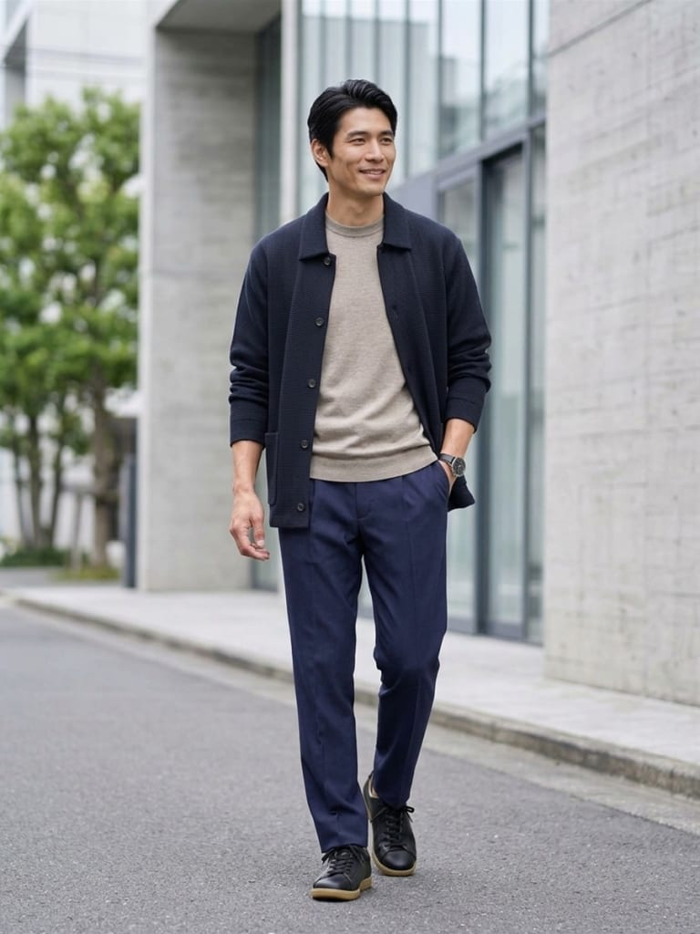 ネイビーカーディガン×グレージュニットで上品に見える大人の配色。