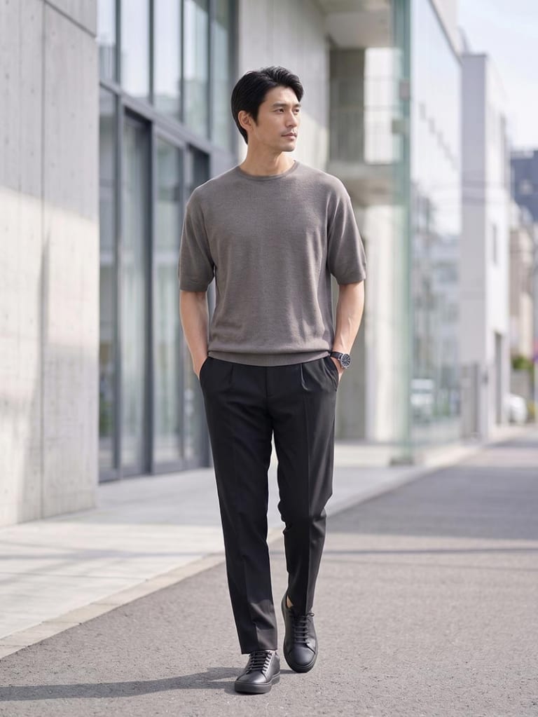 半袖ニット一枚で、大人の余裕を出す