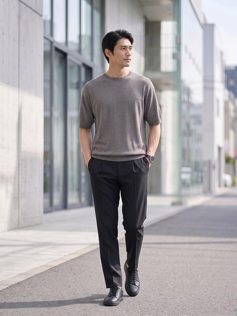 半袖ニット一枚で、大人の余裕を出す
