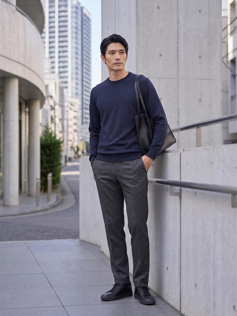 ネイビーニット×ブラックデニムで、清潔感のある仕事コーデ。
