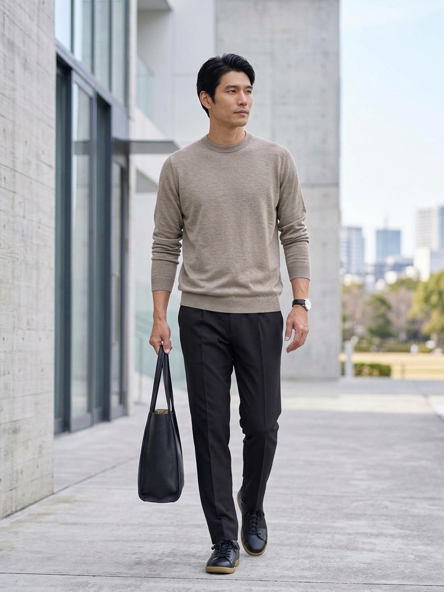 グレージュニット×ブラックパンツできちんと見える大人スタイル。