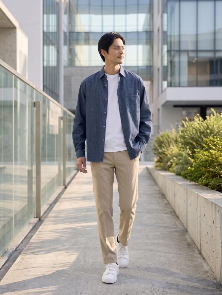 前開きデニムシャツ×ベージュパンツで、ゆったりとした大人コーデ。